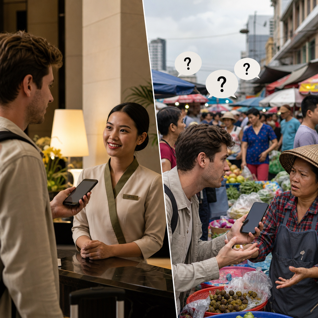 Split image showing an AI translator working perfectly in a quiet hotel lobby versus struggling with speech bubbles full of question marks in a noisy Bangkok street market