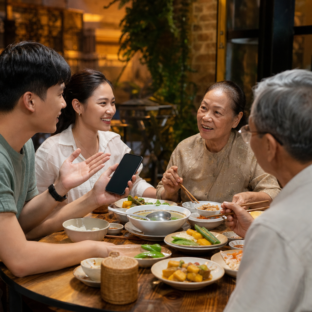 Warm family dinner scene in Vietnam with three generations at a round table, someone using a phone translator while gesturing and smiling, showing human connection alongside technology