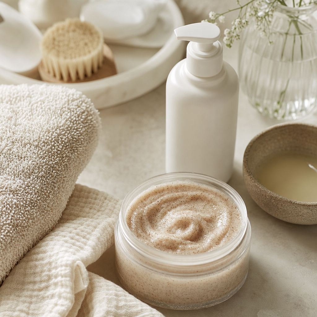 Zachte close-up van verzorgingsproducten zoals een milde scrub en hydraterende lotion op een rustige, lichte achtergrond