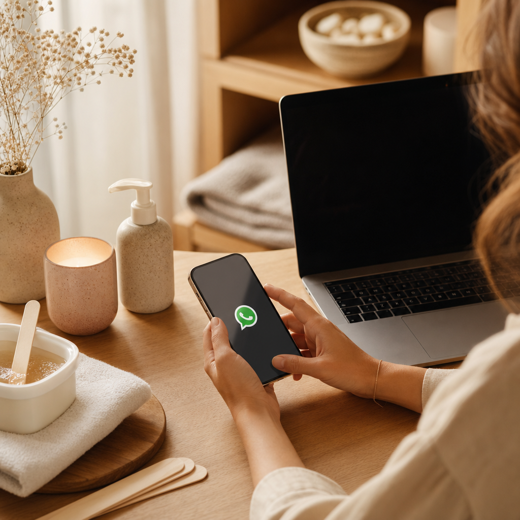 Rustige, warme foto van een smartphone met WhatsApp-icoon naast een laptop met een online boekingskalender, in zachte neutrale kleuren die rust uitstralen