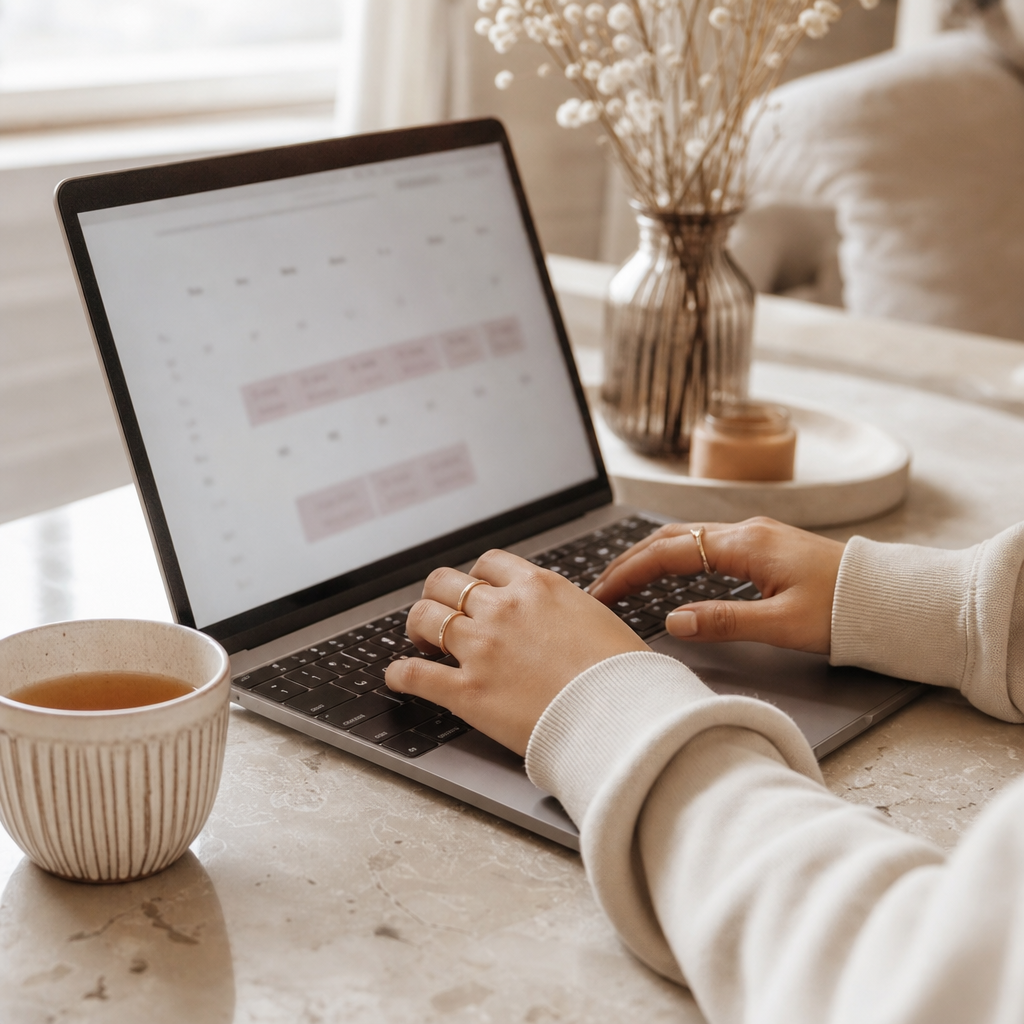 Close-up van handen die op een laptop een online afspraakkalender bekijken, met een kop thee ernaast, in een rustige huiselijke setting