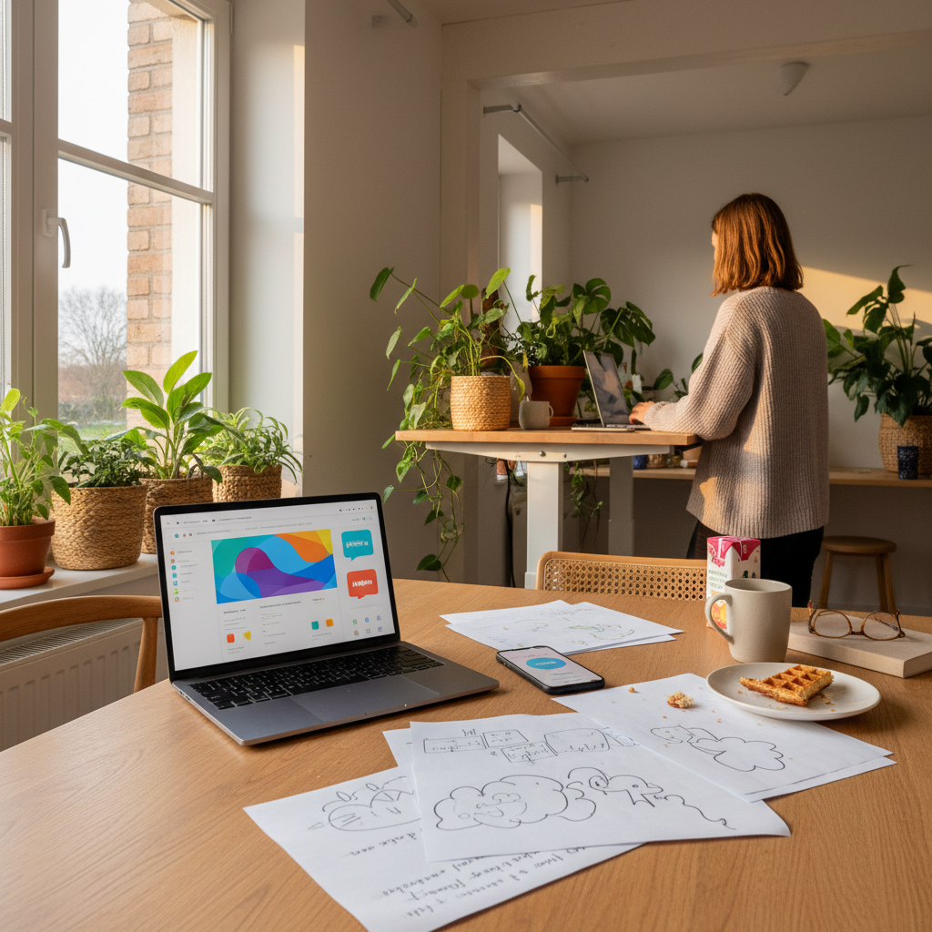 A kitchen table scene with a laptop showing a video call, school papers in one language, and a phone displaying a translation app, conveying multilingual family chaos