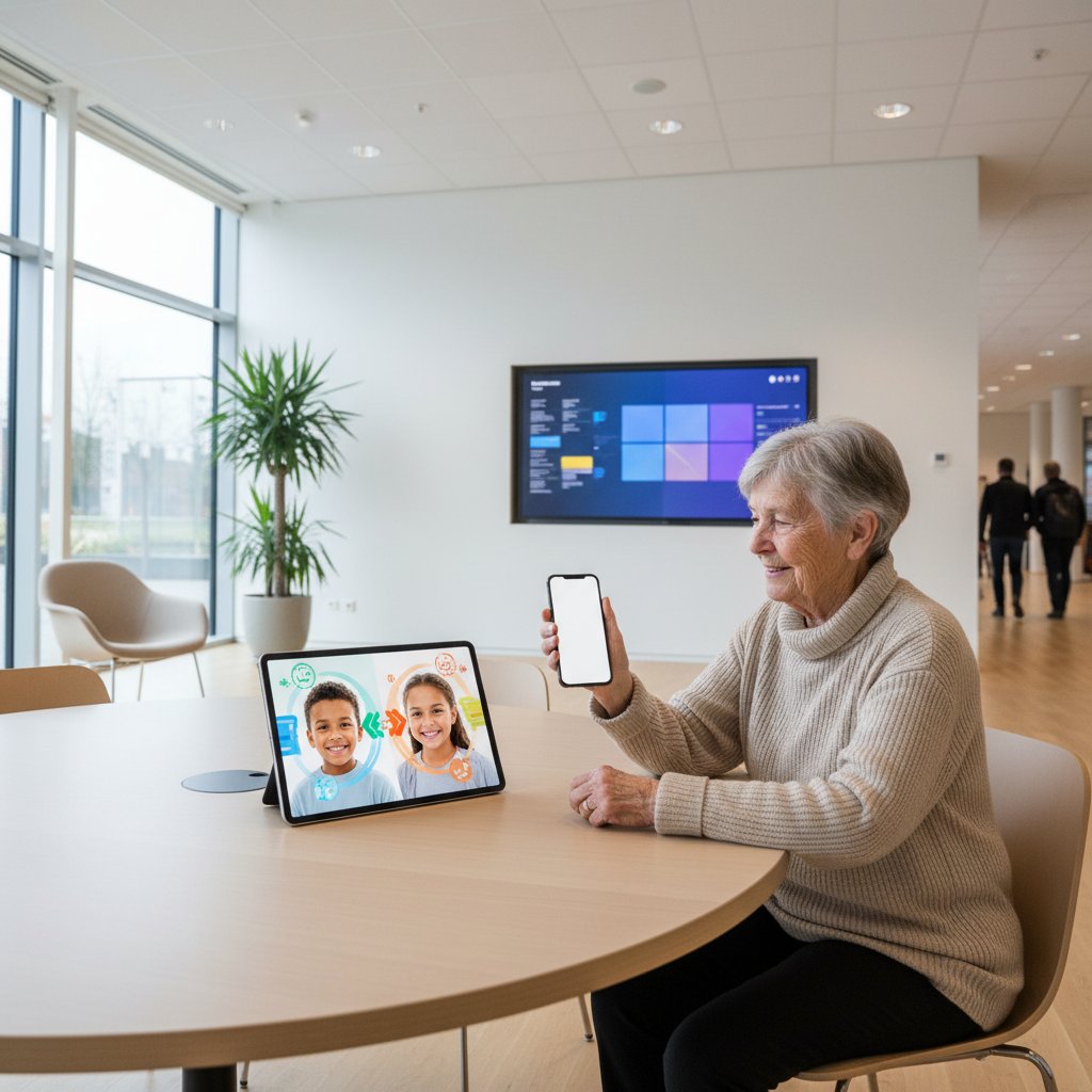A grandparent on a video call with grandchildren, with visual representation of different languages being bridged