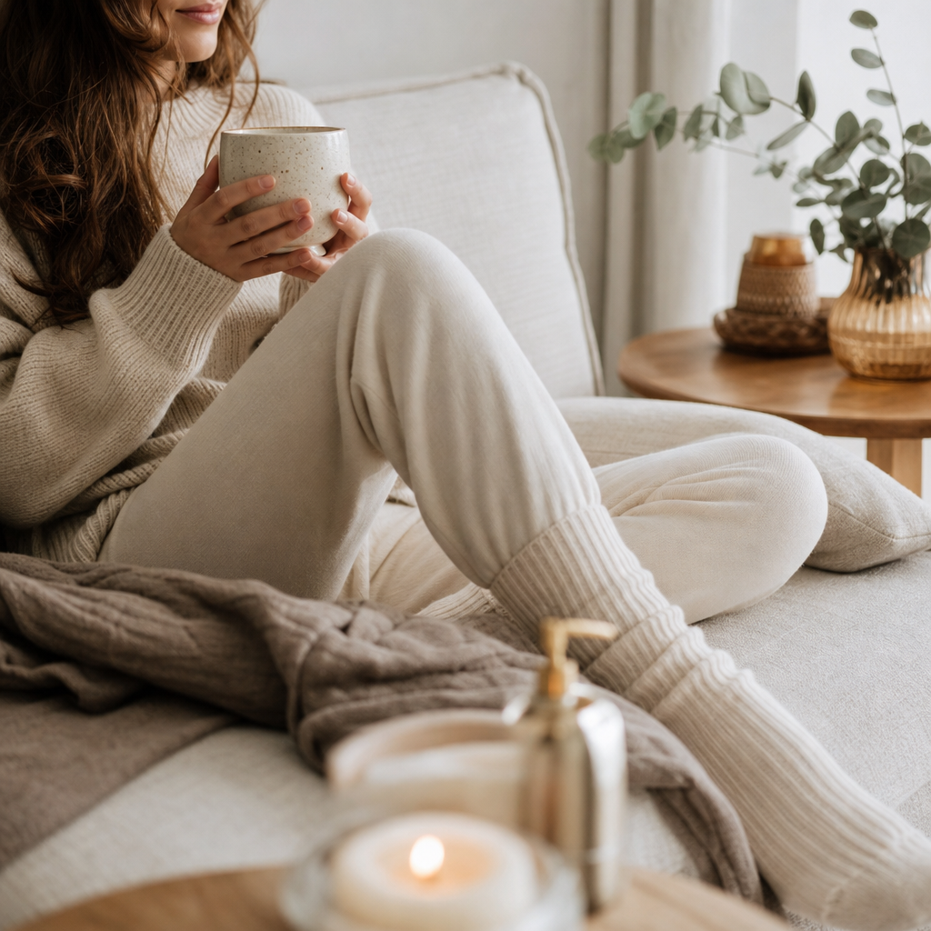 Illustratie of rustige foto van iemand thuis in comfortabele kleding, bijvoorbeeld zittend op de bank met een kopje thee. Focus op ontspanning en zelfzorg, geen expliciete nadruk op het behandelde gebied.
