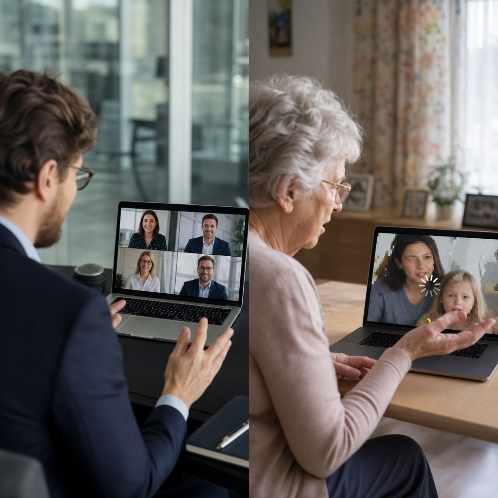 Split-screen illustration: left side shows a polished business video call with stable connection indicators, right side shows a frustrated grandmother on a pixelated, buffering family call