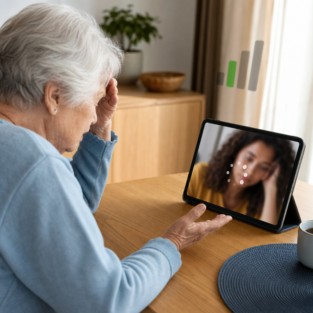 Warm illustration of an elderly person looking confused at a tablet showing a frozen video call, with WiFi signal bars fluctuating in the background