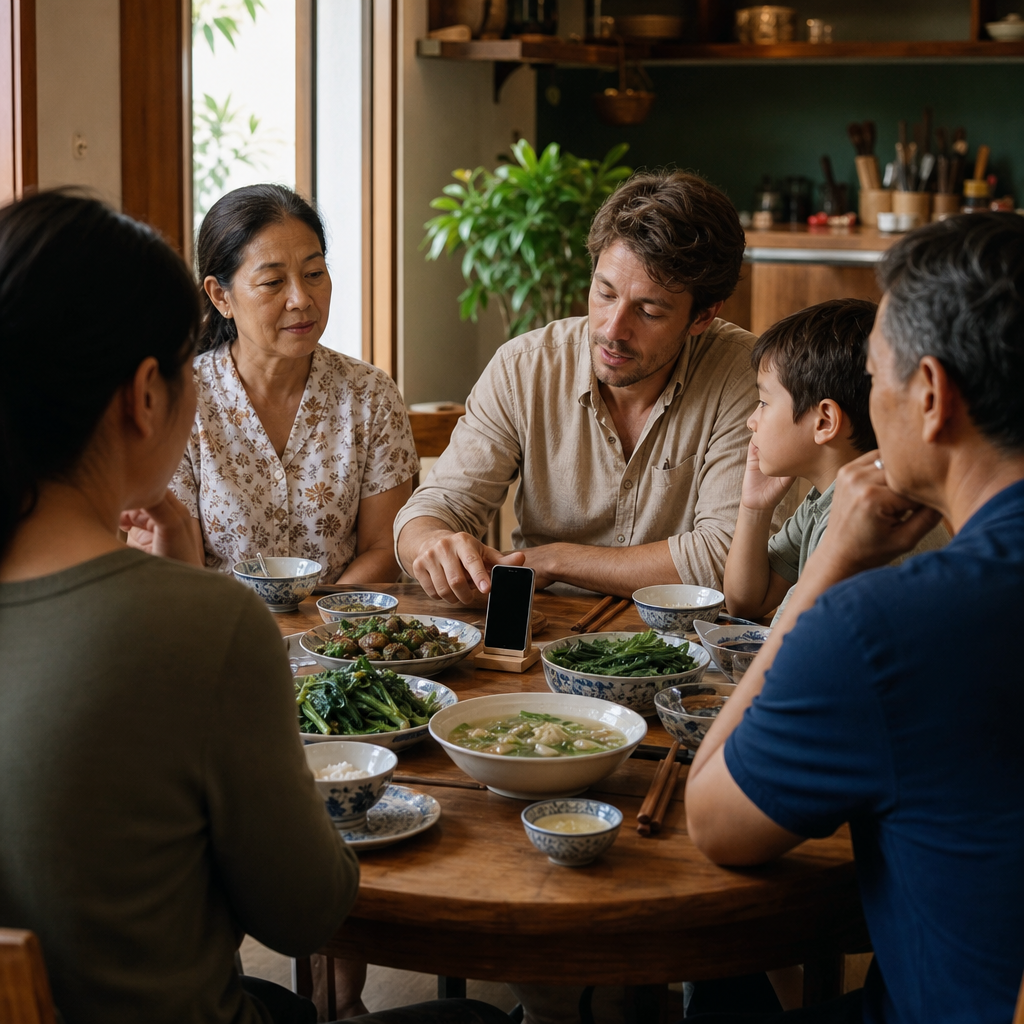 A warm family dinner scene with a phone awkwardly positioned between dishes, one person's finger hovering over a mic button while others wait, capturing the stilted moment