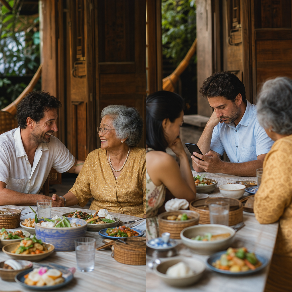 A couple at a dinner table with an older Thai woman (mother-in-law), showing the contrast between warm family interaction on one side and someone looking down at a phone screen on the other