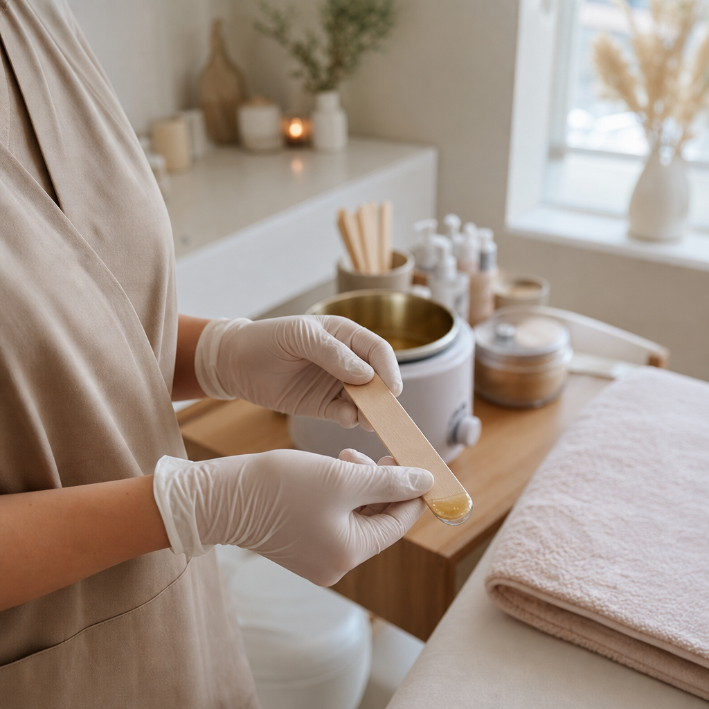 Close-up van handen met latex handschoenen die een schone houten spatel vasthouden, met wax in zachte kleuren op de achtergrond
