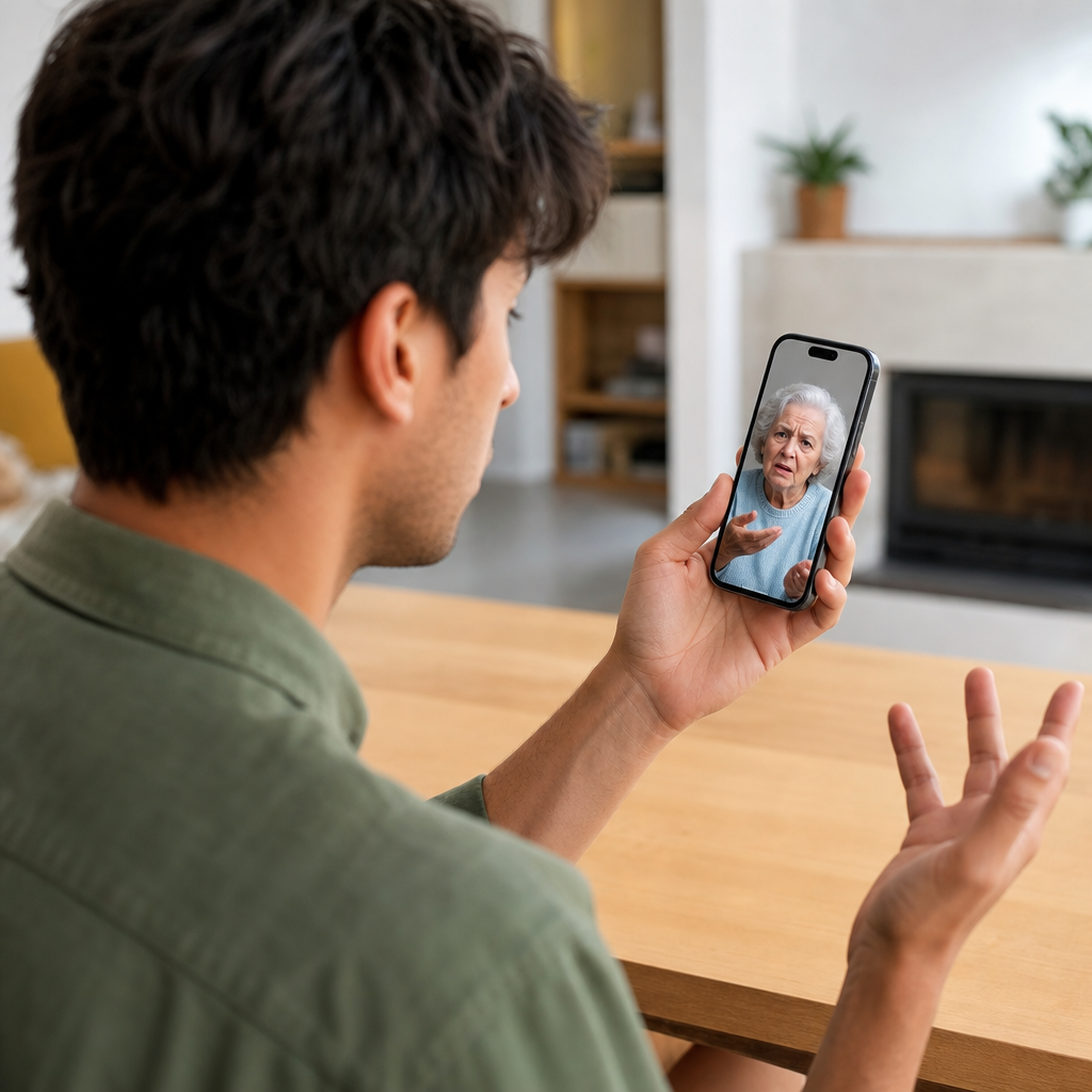 Photo of someone looking frustrated at their iPhone during a video call, with a confused elderly person visible on the screen, capturing the emotional disconnect when translation fails