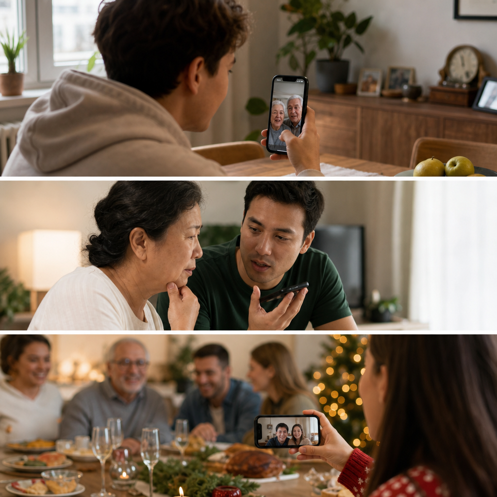 Split image showing three scenarios: a young adult on video call with elderly grandparents, someone helping a parent on a call with customer service, and a holiday gathering with someone video calling in-laws