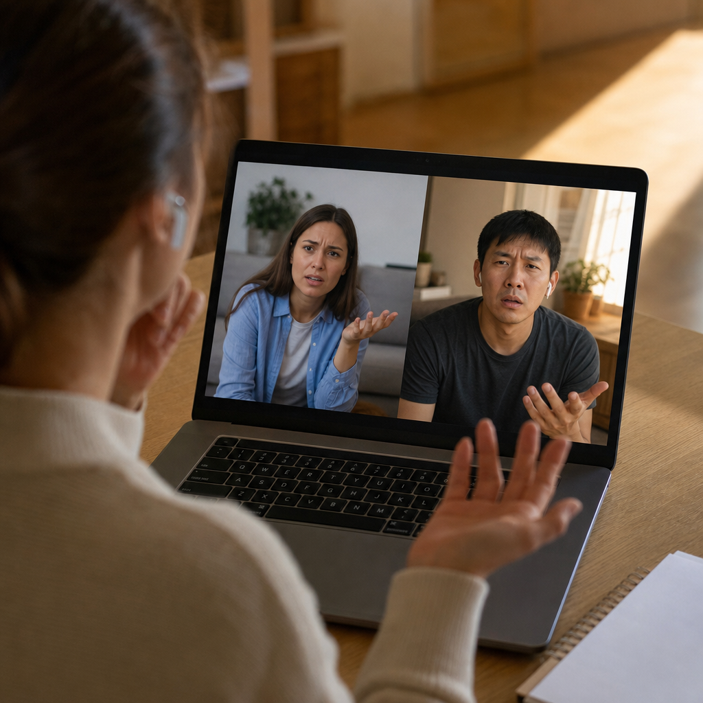 Split-screen showing a video call freezing mid-conversation with a confused expression on both participants