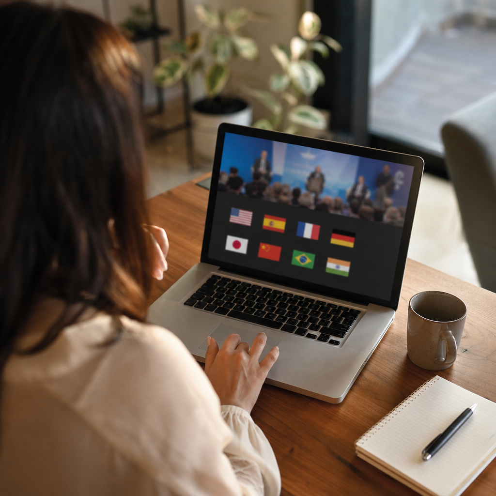 Event organizer at laptop reviewing multilingual webinar settings with multiple language flags displayed on screen