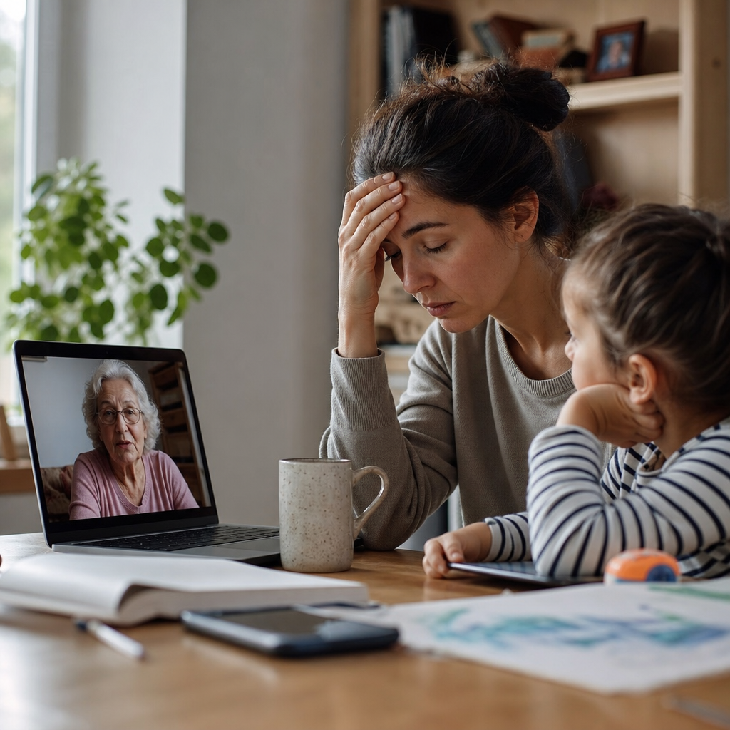 A tired-looking parent sitting between a laptop showing an elderly grandparent on video call and a young child, visibly exhausted from mediating the conversation