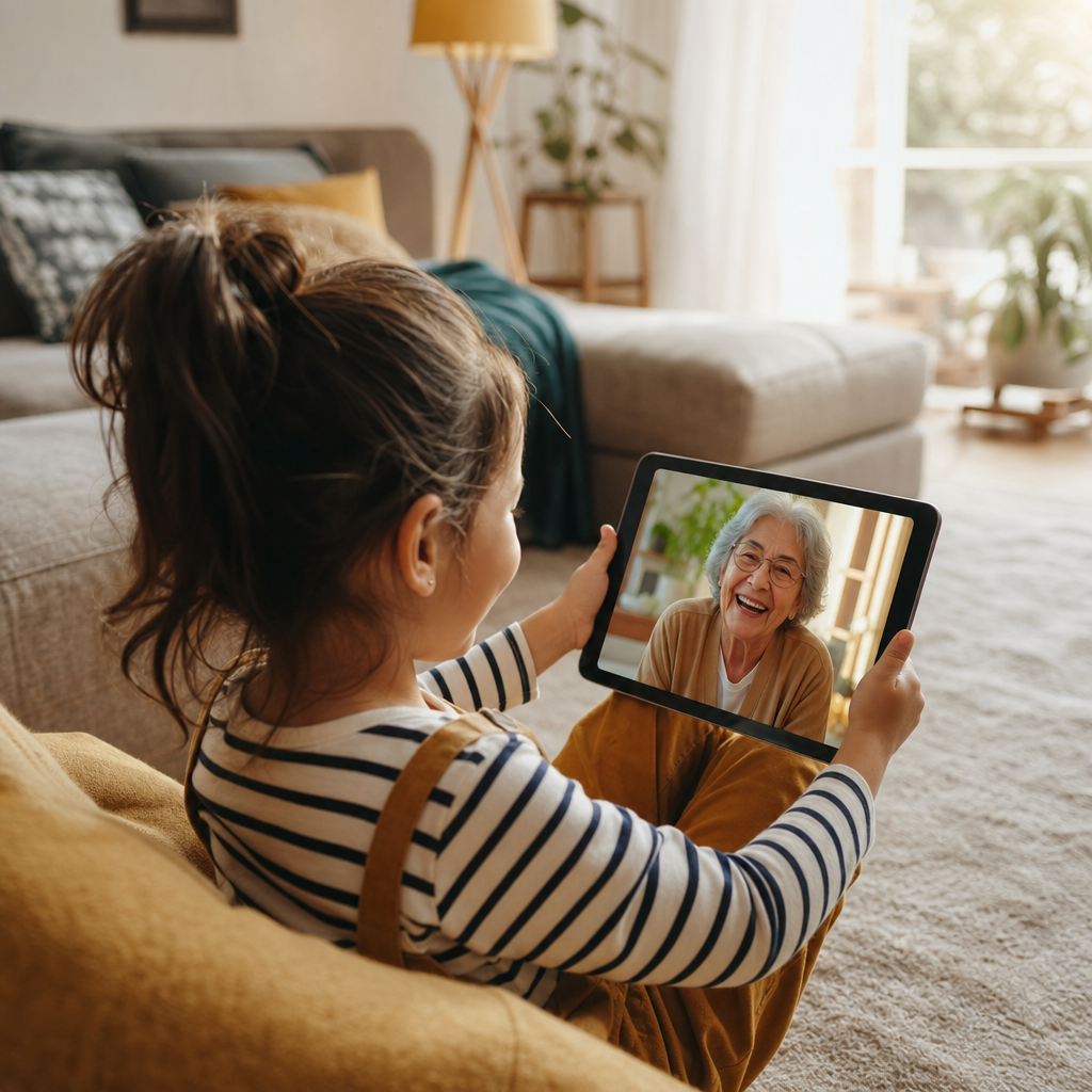 A grandmother on a tablet screen laughing with a young grandchild who is holding the device themselves, with no parent visible in the frame, showing direct connection