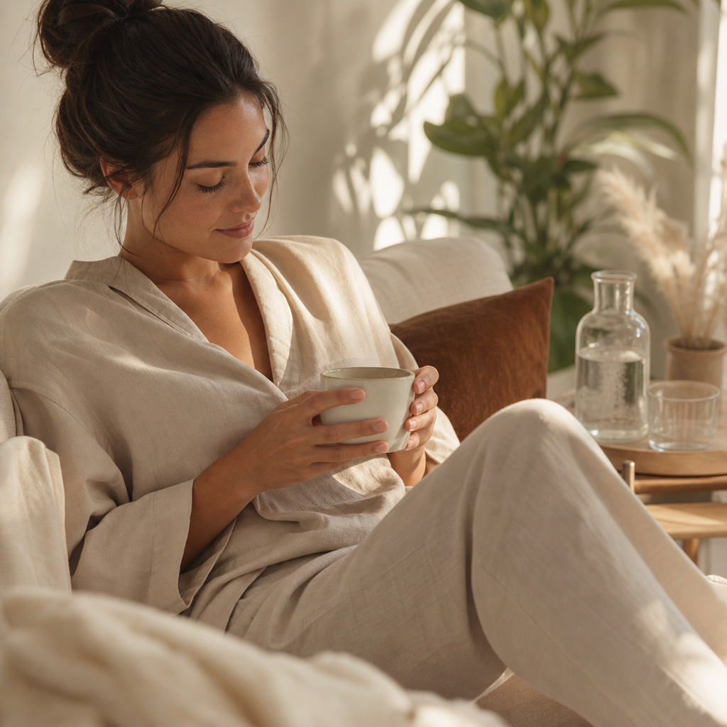 Zachte, rustgevende afbeelding van iemand die ontspant in comfortabele losse kleding, met zachte natuurlijke tinten. Focus op rust en comfort, niet op de behandelzone.