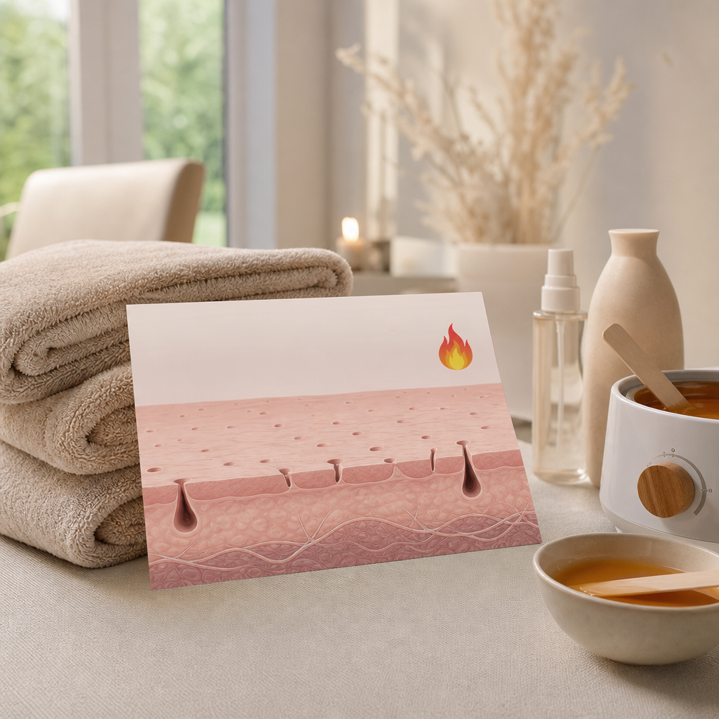 Zachte illustratie van een huid met kleine haarzakjes die 'open' staan, met een rustgevend kleurenpalet en een klein vlammetje-emoji als accent