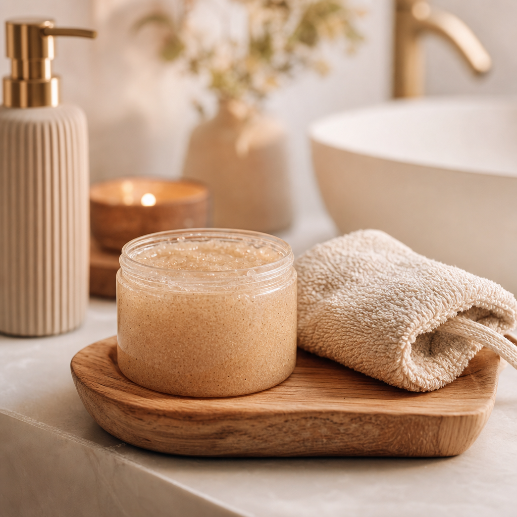 Foto van een zachte body scrub in een potje naast een washandje op een houten plankje, met rustgevende spa-sfeer