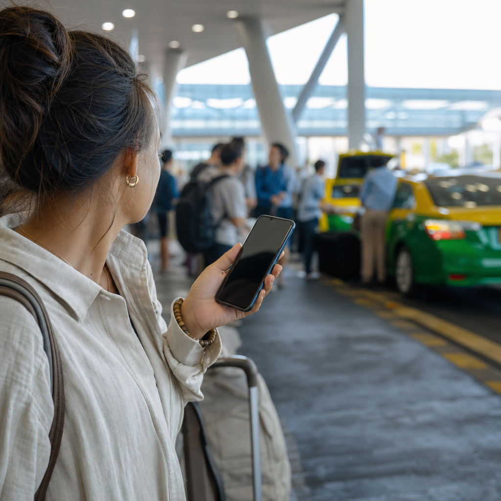 Traveler at Southeast Asian airport arrival hall looking at phone with no signal bars, taxi queue visible in background