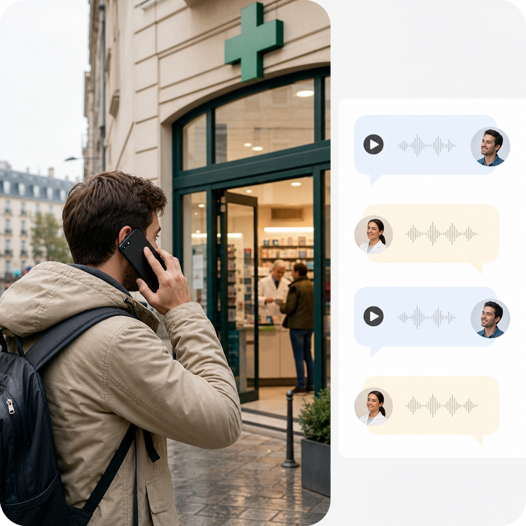 Split screen showing traveler on phone outside a European pharmacy with translated conversation bubbles visible