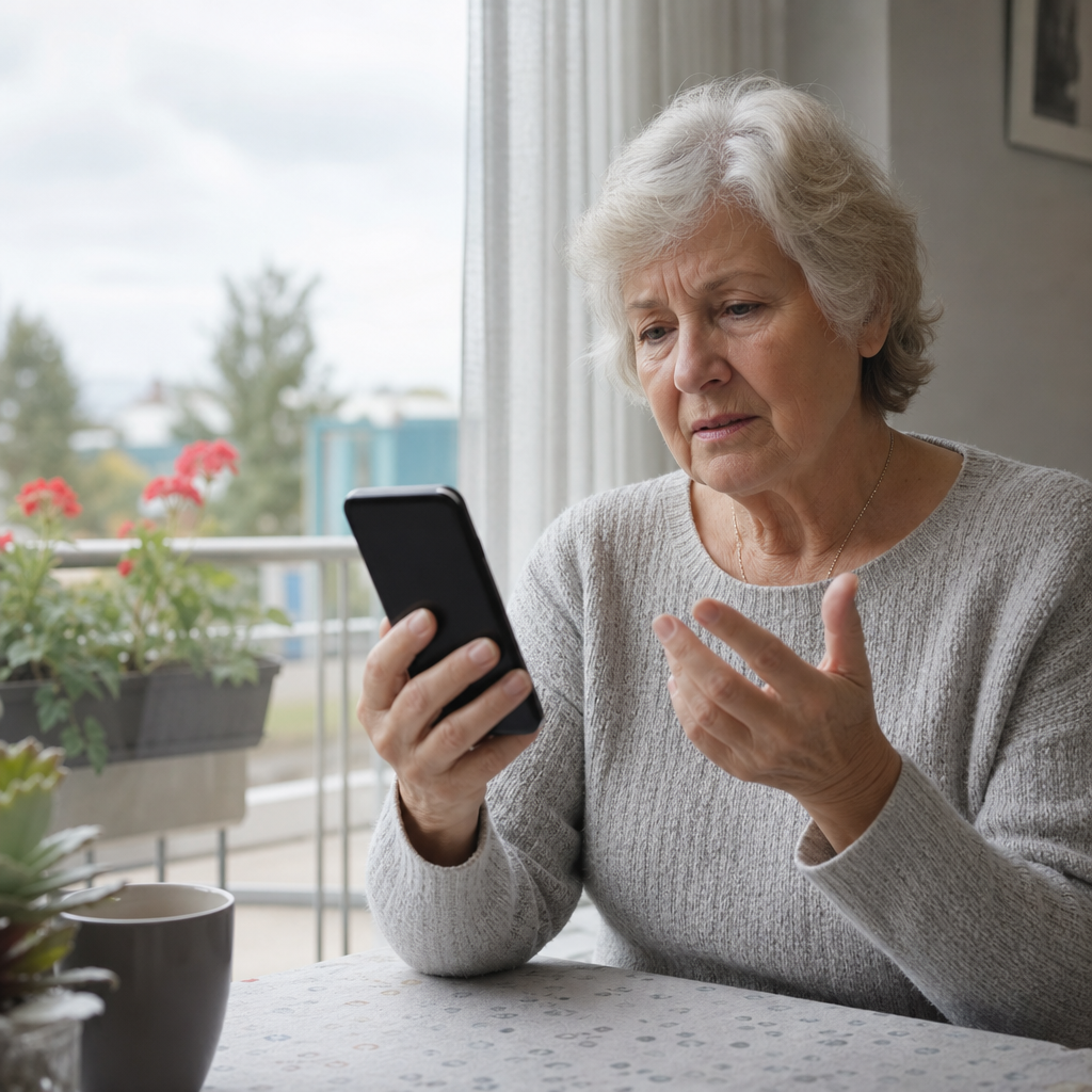 Warm photo of an older parent looking hesitant at a phone screen during a video call, showing gentle confusion rather than frustration