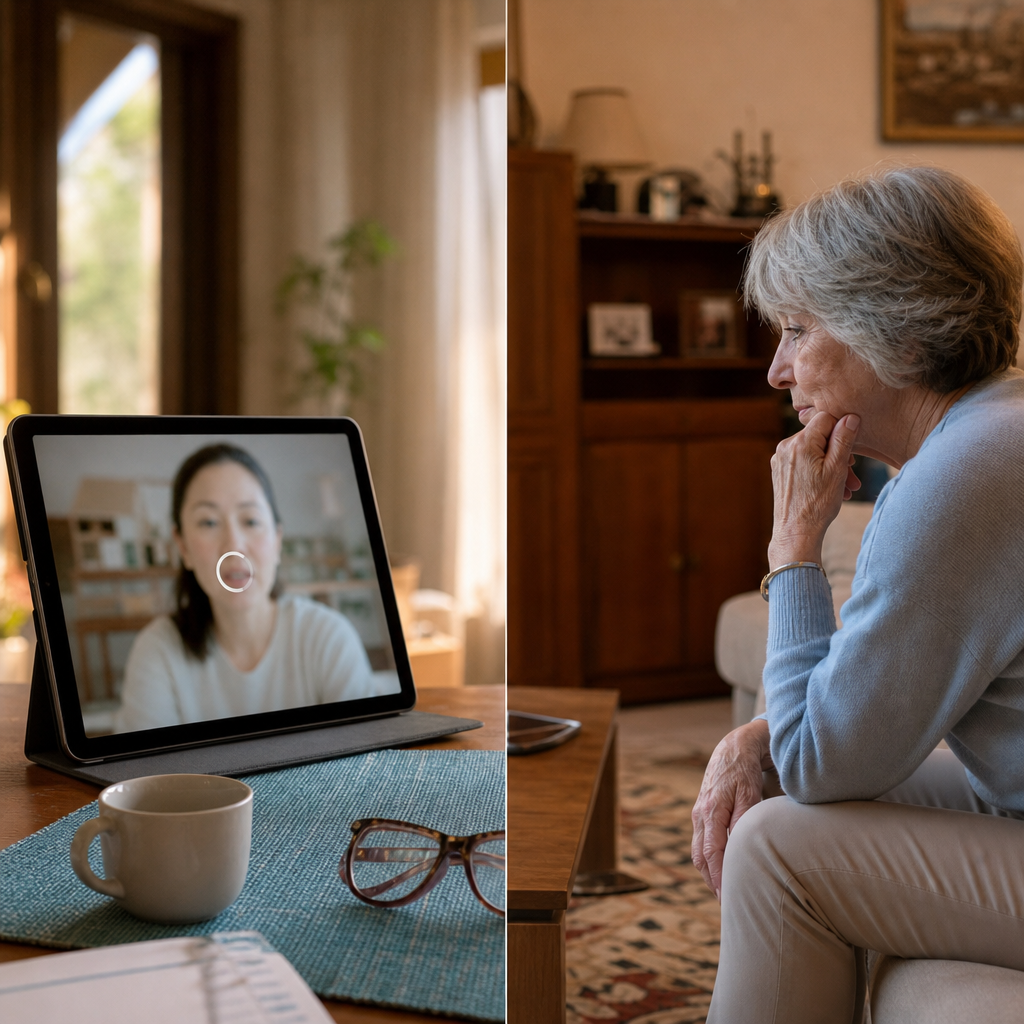Split screen showing a frozen video call on one side and a frustrated older person waiting on the other, capturing the disconnection moment