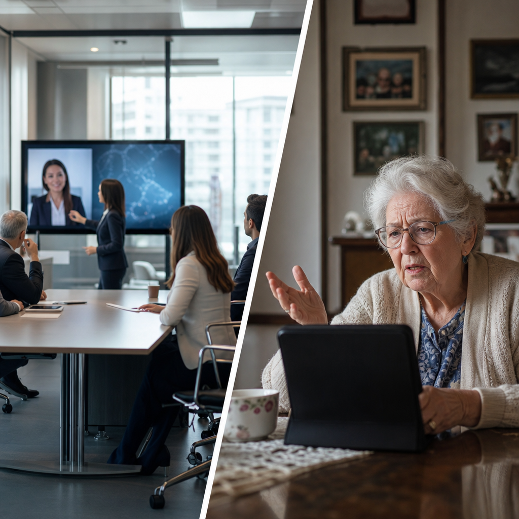 Split image showing corporate conference room with translation tech on one side, elderly grandmother on video call looking frustrated on the other, visualizing the market disconnect