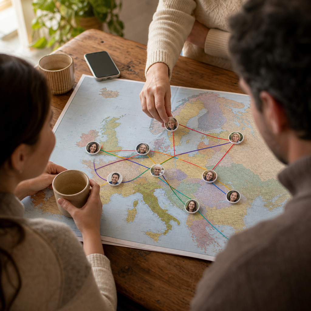 Map of Europe with lines connecting family members across countries, highlighting common cross-border family language combinations