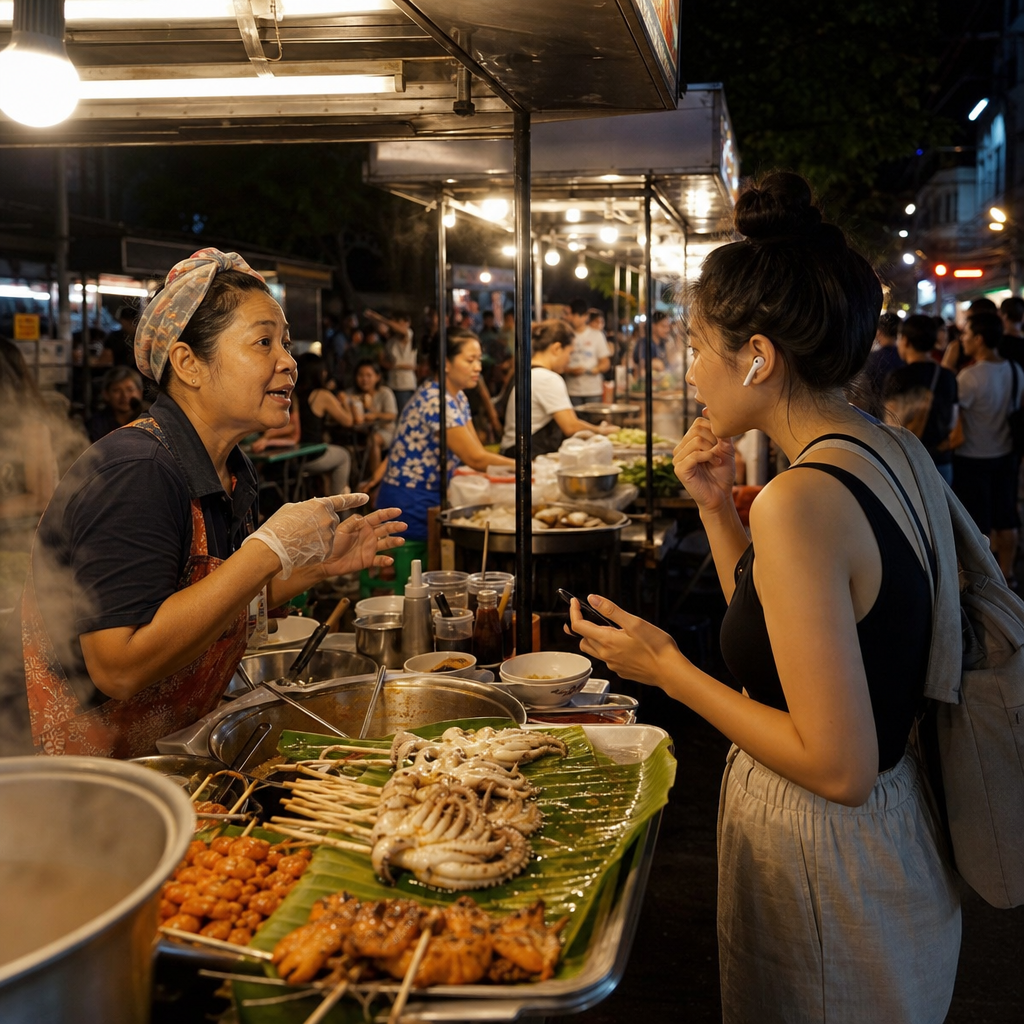 Photo of a busy Bangkok night market food stall with vendor and tourist attempting to communicate, showing the chaotic real-world environment