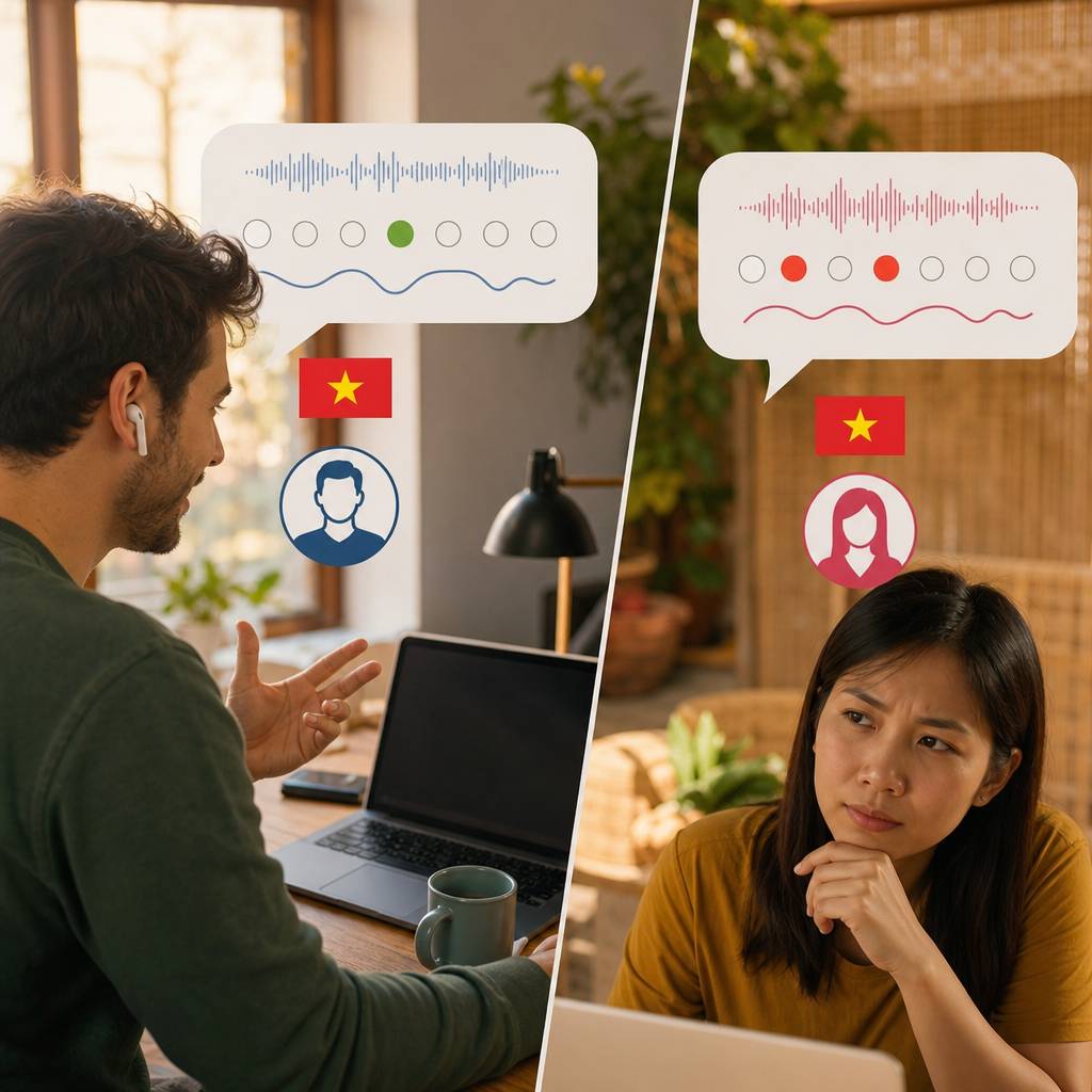 Split screen showing a remote worker on a video call looking confident, while speech bubbles show their intended Vietnamese phrase versus what the listener actually hears with tone markers highlighted