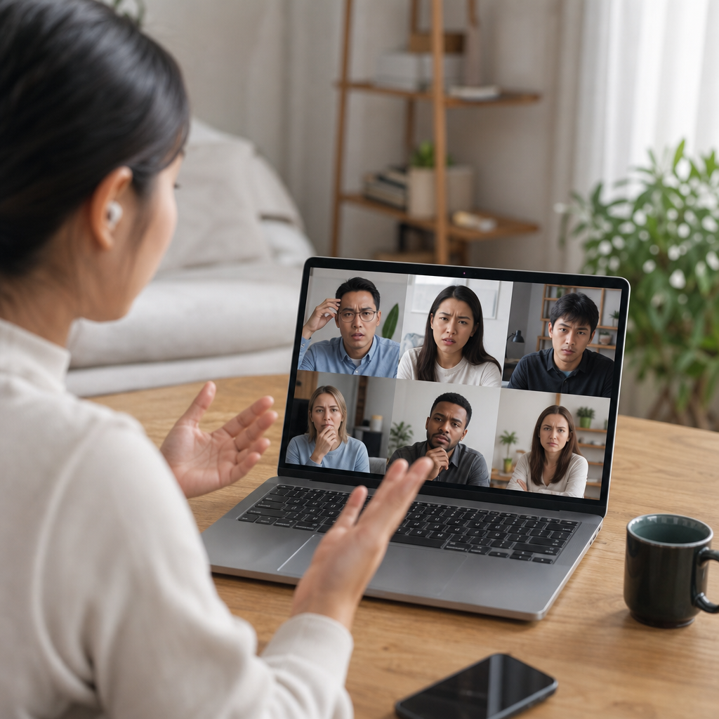 A video conference grid showing multiple participants with varied expressions: some looking confused, one looking offended, while the speaker appears unaware of the reaction