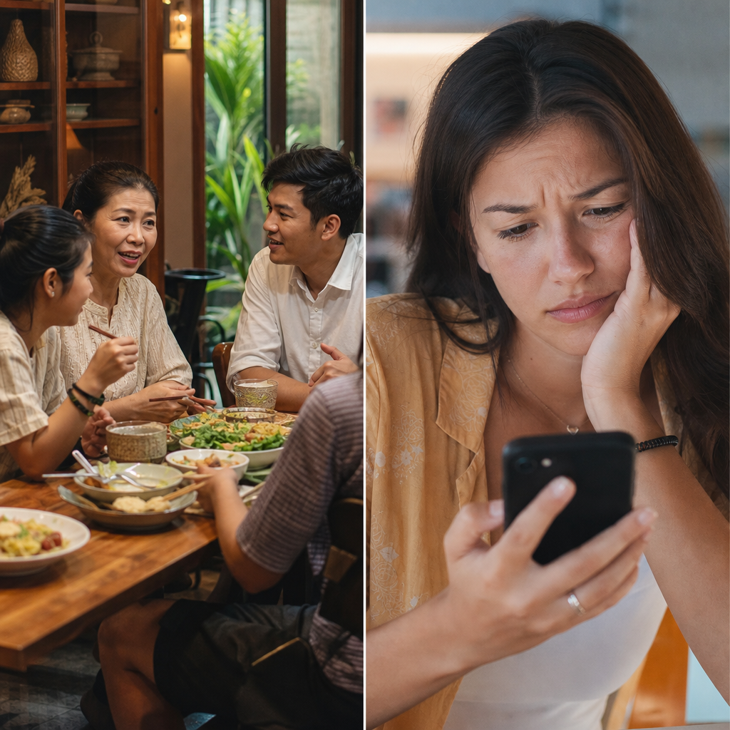 Split screen showing a warm family dinner conversation on one side and a frustrated person staring at a paywall notification on their phone on the other