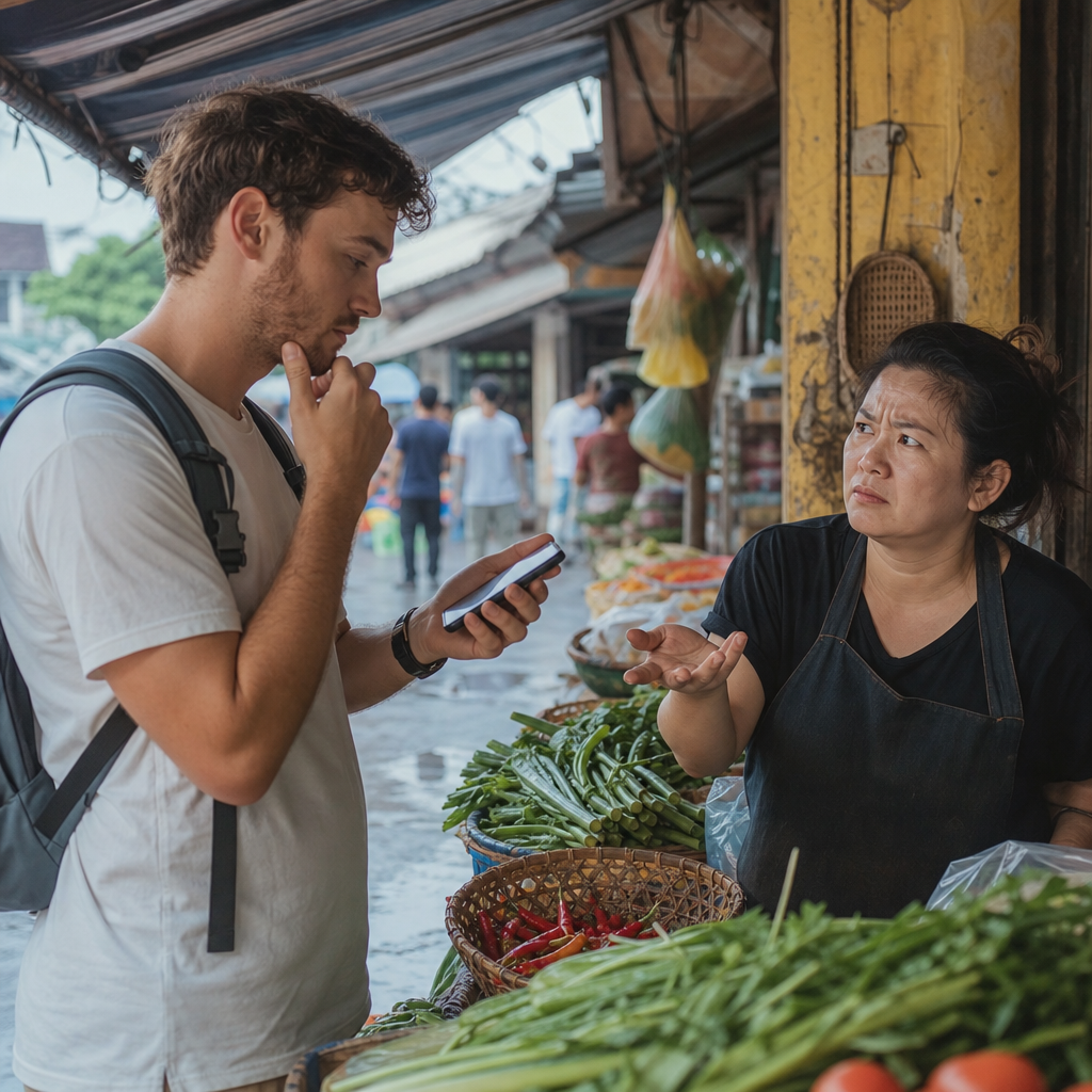 A traveler at a Vietnamese market stall with a confused vendor waiting, phone in hand between them, showing the awkwardness of delay