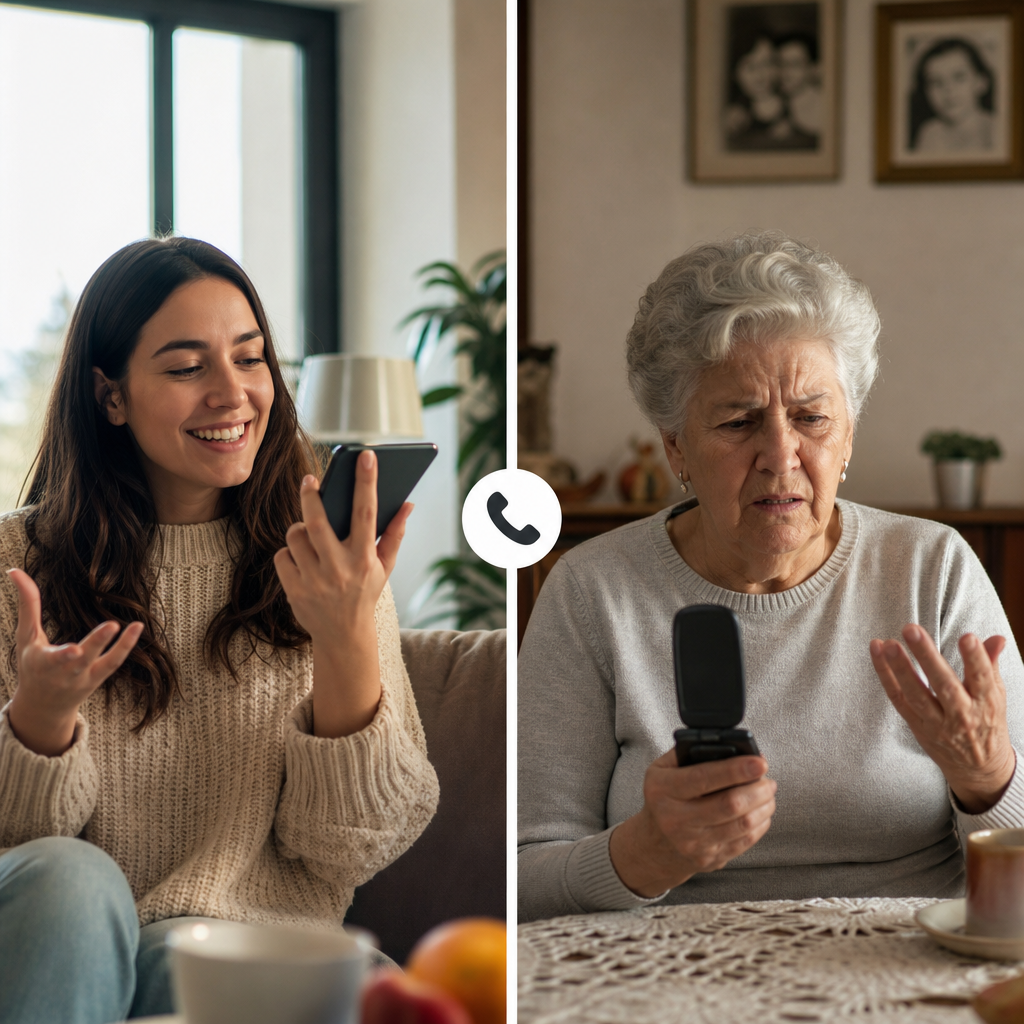 Split image showing a younger person confidently holding a smartphone on one side, and an elderly person looking confused at a basic flip phone on the other, with a phone call icon connecting them