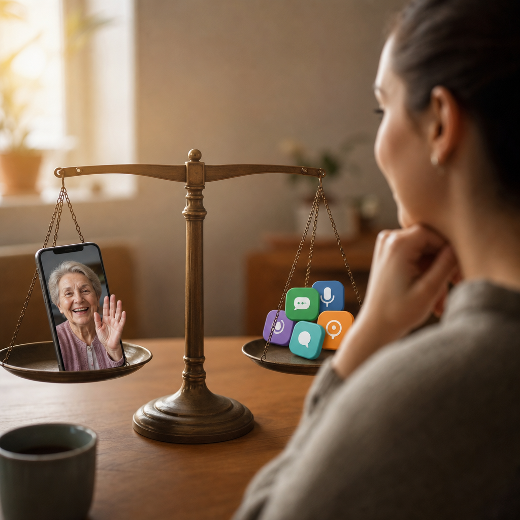 Simple visual comparison showing a balance scale: one side labeled 'No setup needed' with an elderly person smiling on a call, other side showing 'Faster translation' with app icons