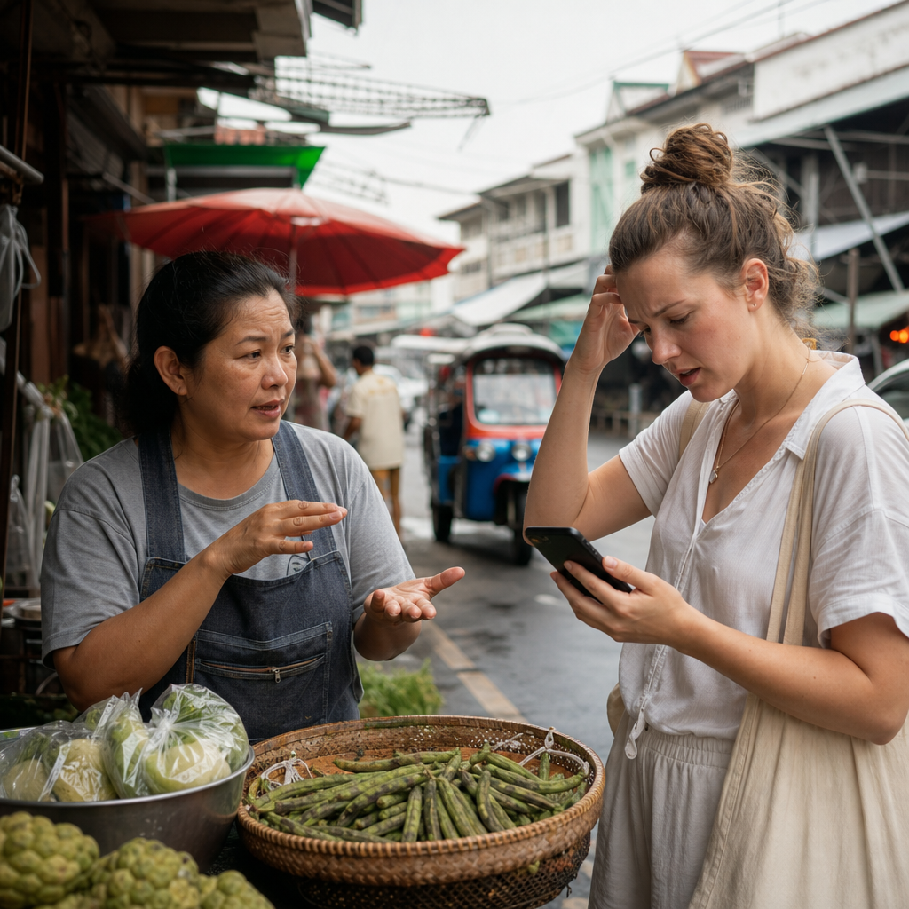 Traveler looking confused at phone screen while Thai street vendor gestures, showing the gap between app translation and real communication
