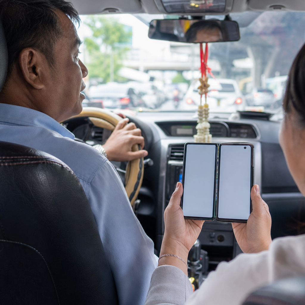Split-screen phone view inside a taxi, showing English text on one side and Thai translation on the other, with both passenger and driver visible