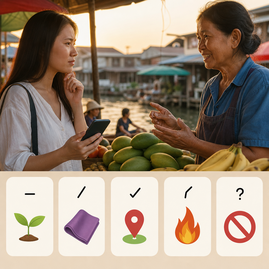 Infographic showing the word 'mai' with five different tone marks and their five completely different meanings (new, silk, near, burn, not) with simple icons