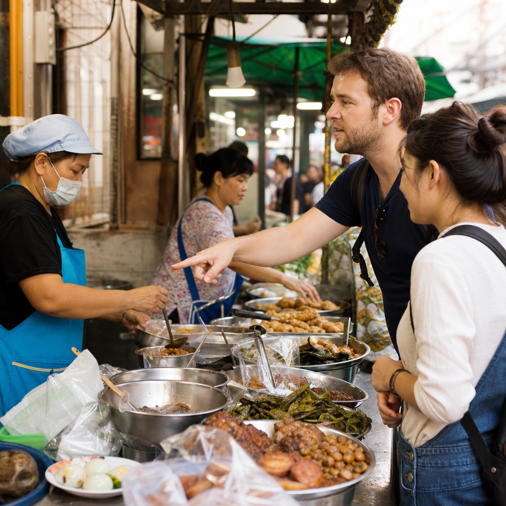 Photo of a busy Bangkok street food stall with a tourist pointing at dishes, capturing the noisy, chaotic environment where translation happens