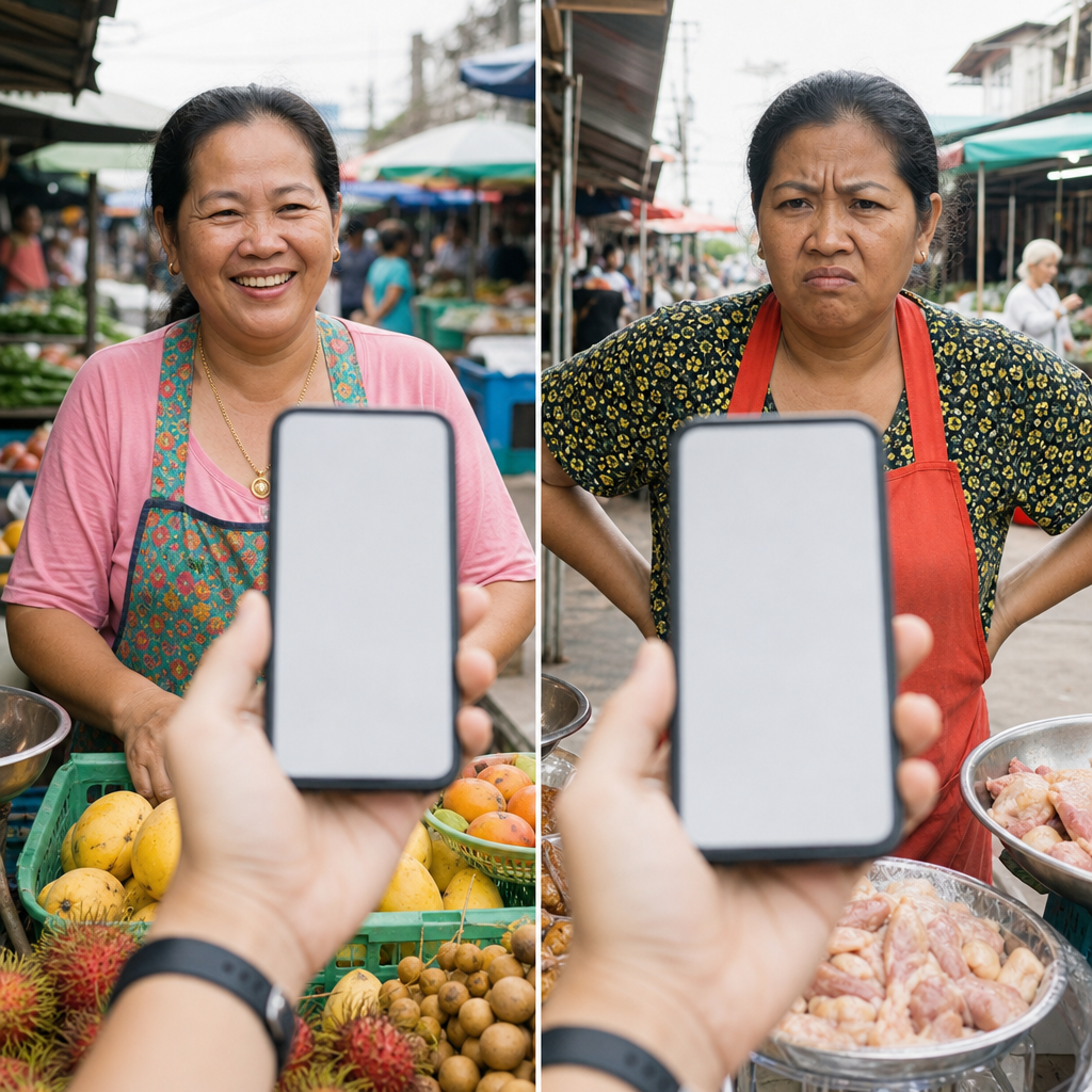 Split image showing a phone screen with romanized Thai text 'suay' alongside two Thai vendors with contrasting reactions (happy vs offended) to illustrate same spelling, opposite meanings