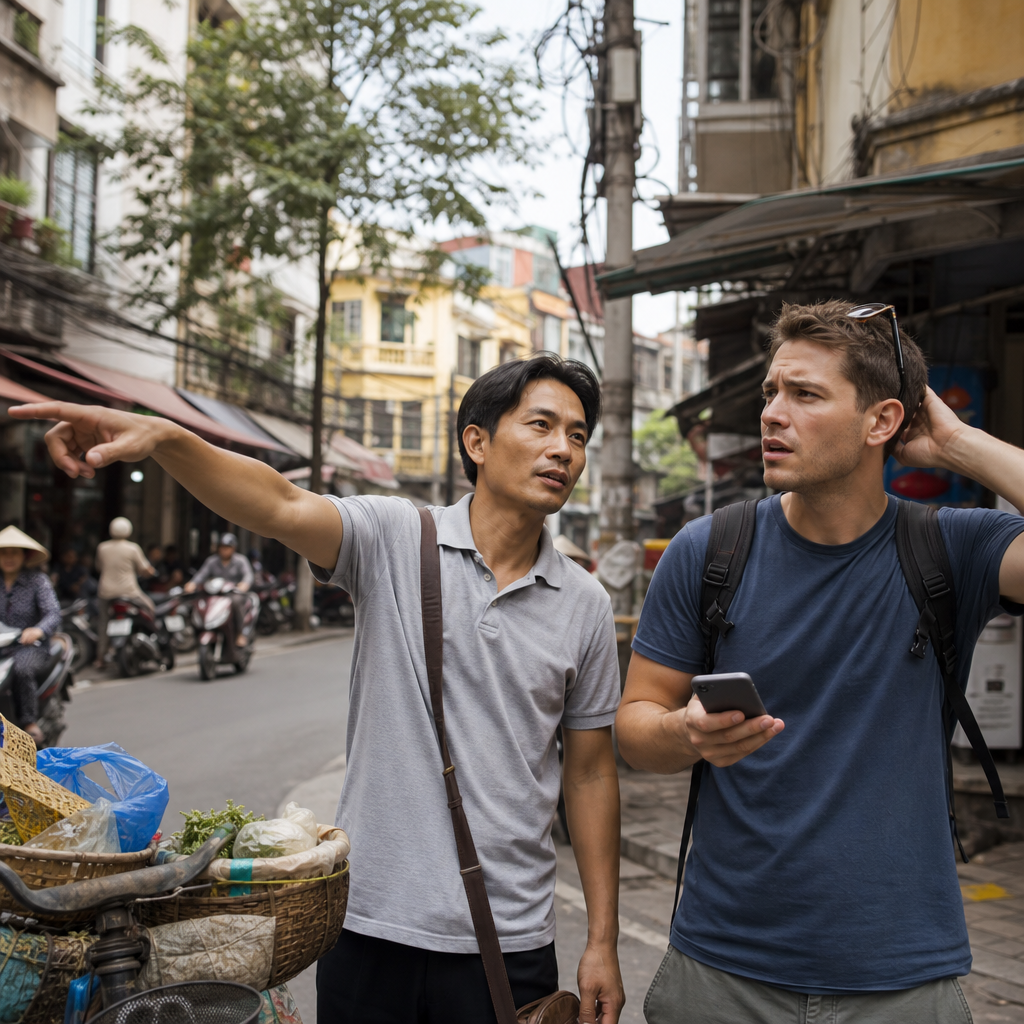 Traveler looking confused at a street corner in Vietnam, holding phone while a local gestures in a direction, showing the disconnect between screen translation and real communication