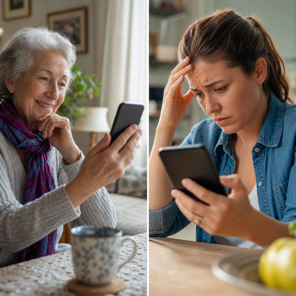 Split-screen illustration: on one side, an elderly woman holding a phone with a hopeful expression; on the other, a younger person looking stressed at an incoming call notification