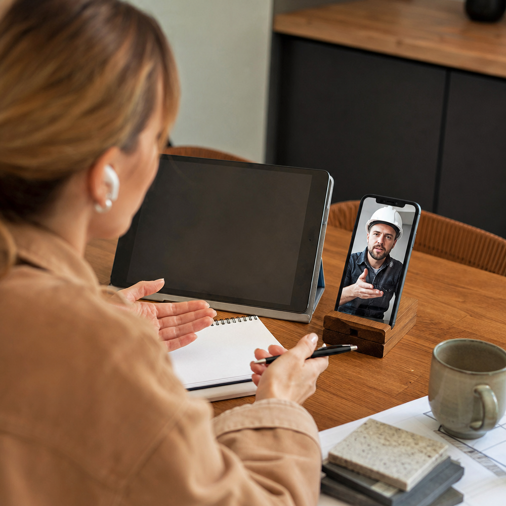 Person on a phone call with a contractor, using earphones and a translation app visible on a secondary device
