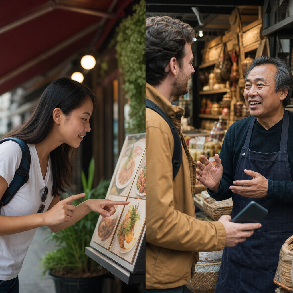 Split image showing two scenarios: tourist pointing at menu (simple) vs person having animated conversation with local shopkeeper (complex)