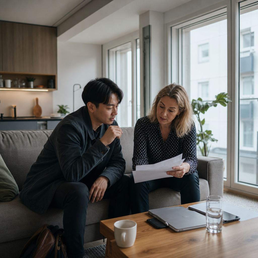 Person having a face-to-face conversation with a European landlord in an apartment, both looking at documents together