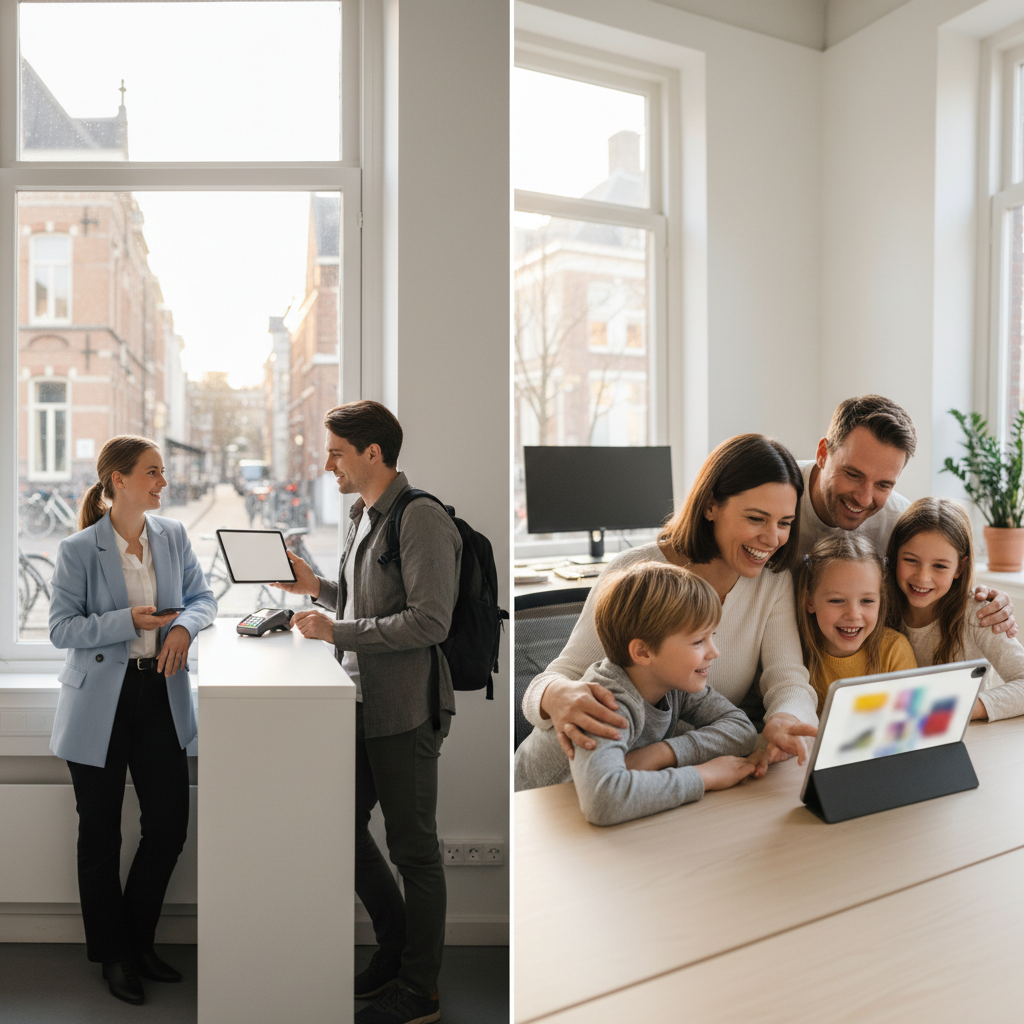 Split image showing a quick tourist transaction on one side versus a family gathered around a tablet for a long video call on the other, highlighting different use case needs