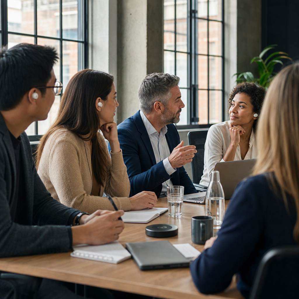Photo of multilingual team in a conference room, some wearing translation earbuds during in-person meeting