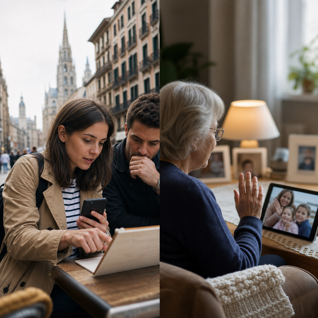 Split image showing contrast: left side shows a tourist pointing at a menu with phone in hand, right side shows a grandmother on video call with grandchildren, looking slightly disconnected