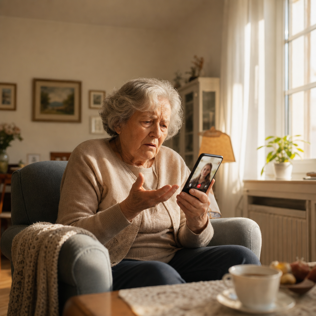 Warm photo of an elderly person looking confused at a smartphone screen, with a video call interface visible, conveying gentle frustration rather than incompetence