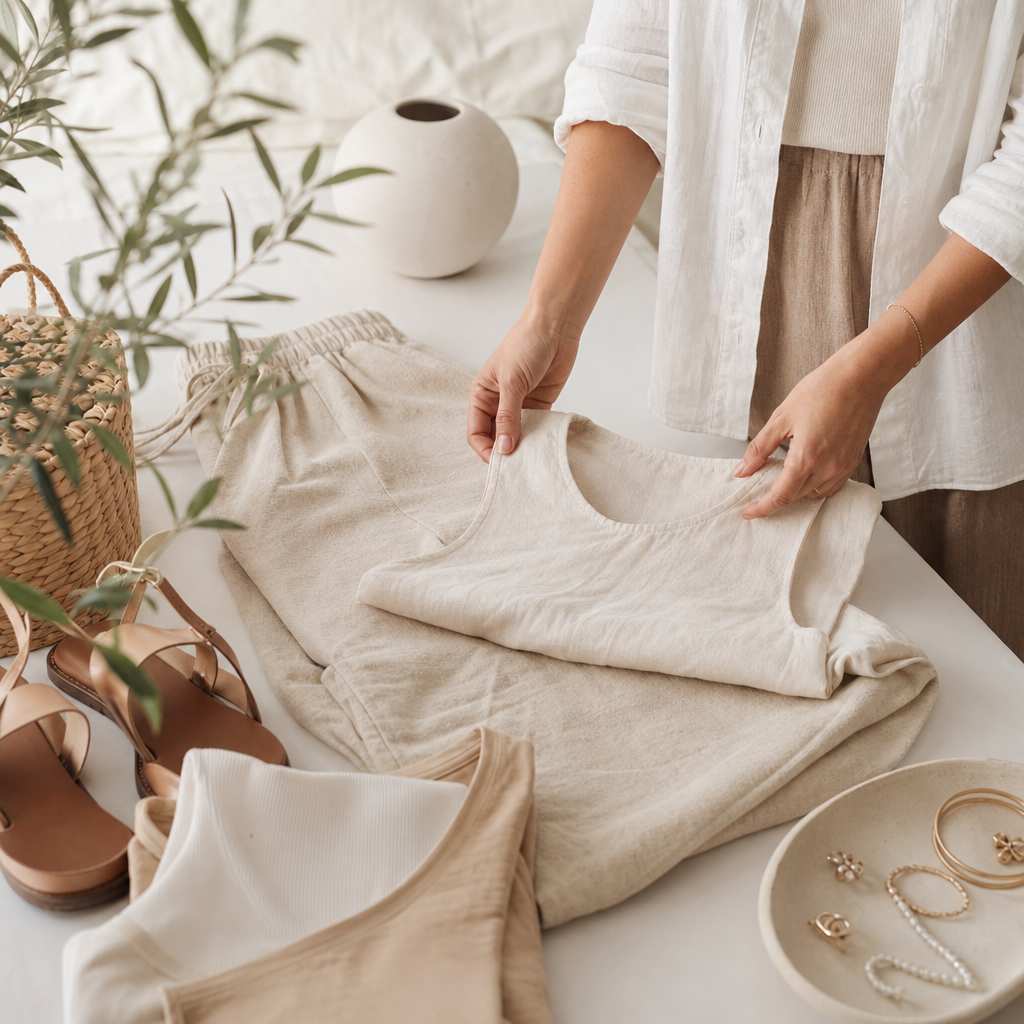 Sfeervolle flatlay van luchtige zomerkleding: een wijde linnen broek, katoenen jurk en comfortabele basics in zachte, neutrale tinten